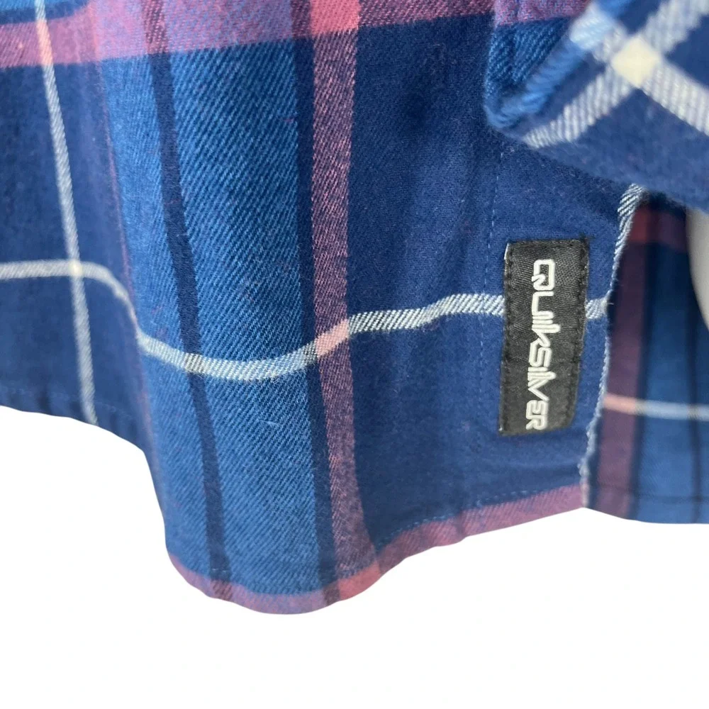 Quicksilver‎ Men Large Flannel Blue Pink Plaid Long Sleeve Button-Up Regular Fit